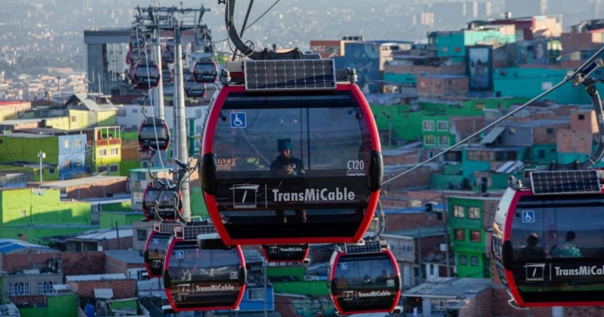 Cabinas de TransMiCable suspendidas sobre un sector urbano con viviendas de colores. Varias cabinas avanzan por los cables.