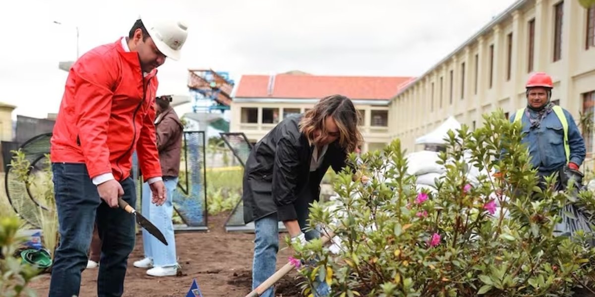 Tres personas participan en la siembra de un árbol. Hay plantas en bolsas, herramientas y edificios al fondo.