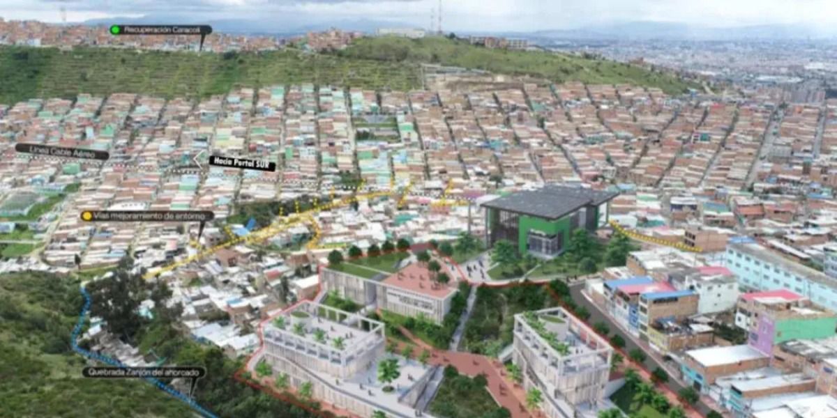 Vista aérea de un sector urbano con viviendas y un proyecto ilustrado de edificios, senderos, zonas verdes y vías superpuesto a la imagen.