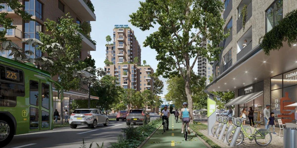 Ilustración de una avenida con bus, ciclistas, vehículos, árboles, edificios de apartamentos y locales comerciales.