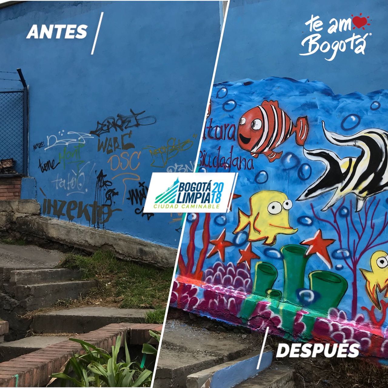 Antes y después de un mural pintado